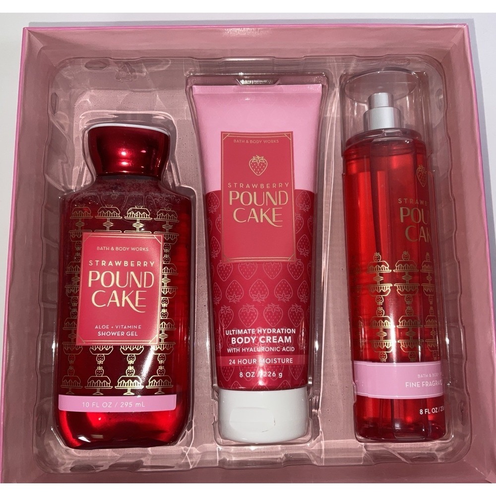 NIB Bathโ & Body Works Strawberry Pound Cake Set Shower Gel Body Cream & Mist